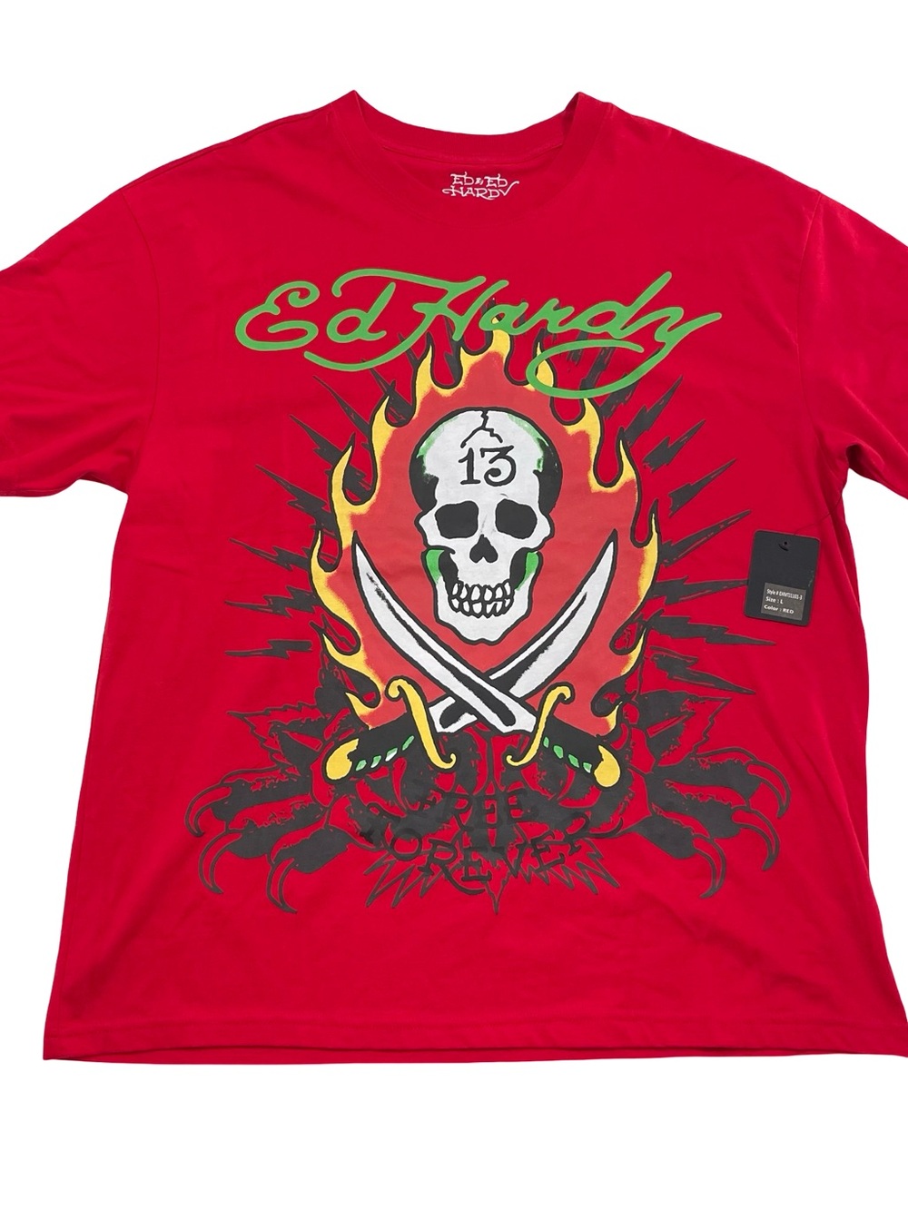 Ed Hardy Lucky 13 Skull Graphic Size L Red Tee (Retail $50)